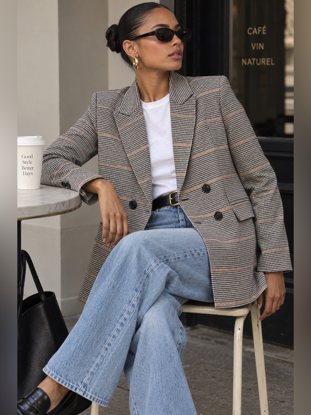 Mango Houndstooth Plaid Double Breasted Blazer Heritage Prep M